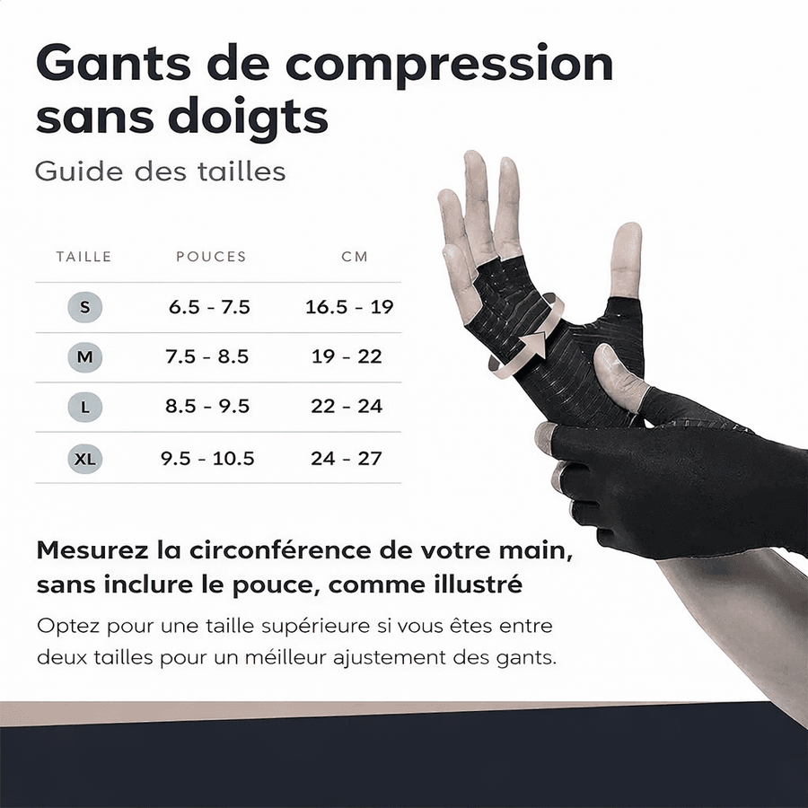 Guide des tailles des gants de compression sans doigts